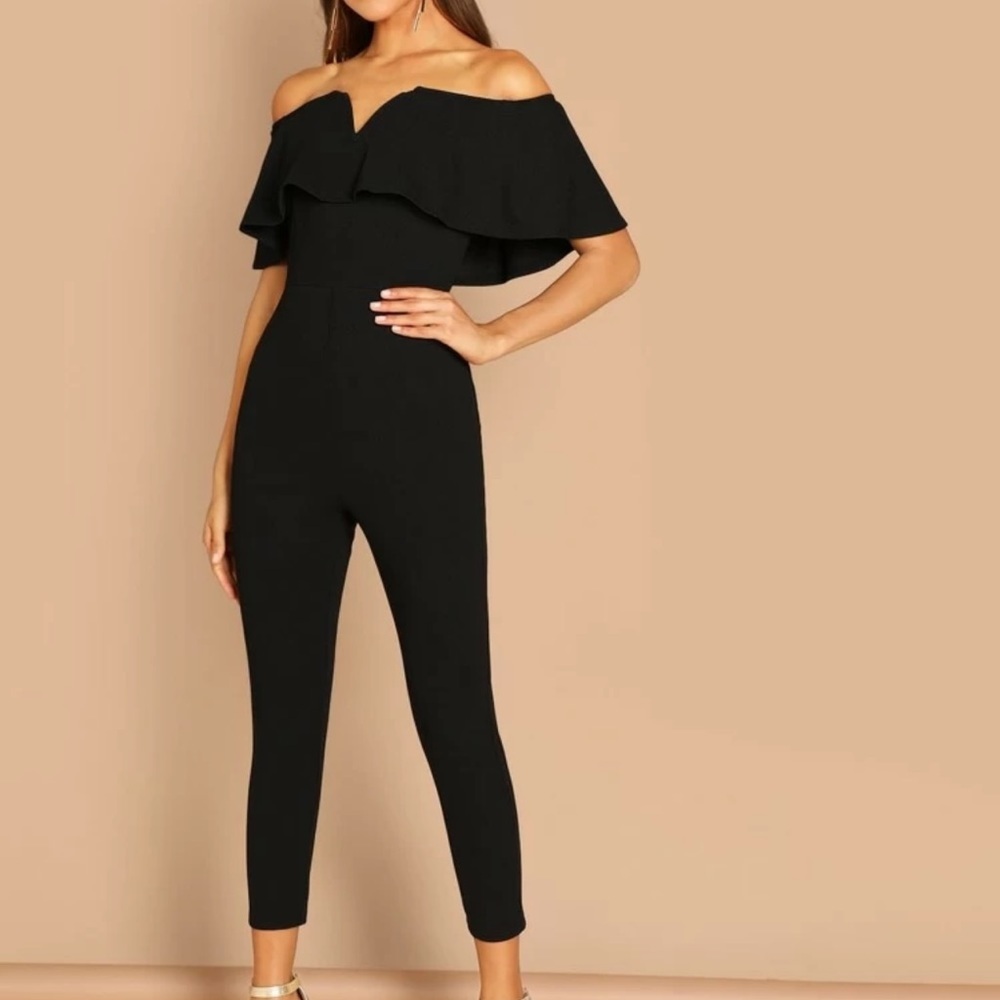 Off the Shoulder Flounce Foldover Front Frill Skinny leg Jumpsuit minimalist - Picture 1 of 3